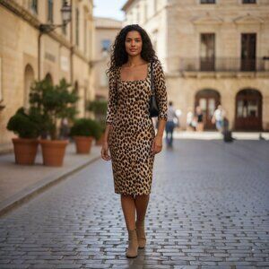 Just Cavalli Animal Print Square Neck Theer-Quarter Sleeves Shift Designer Dress